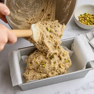 Toasted pistachios folded into halva mixture and transferred to the lined loaf pan