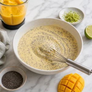 Chia seeds stirred into mango coconut pudding mixture in a bowl.
