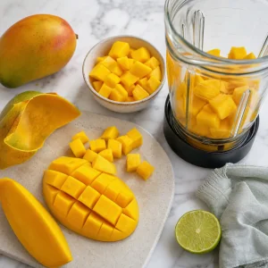Diced mango reserved beside mango pieces in a blender for chia pudding.