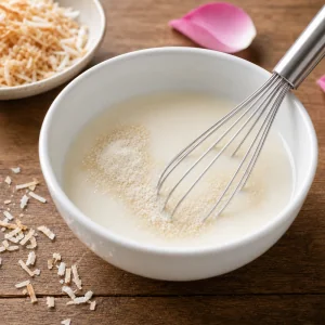 Agar in polvere mescolato in una ciotola di latte