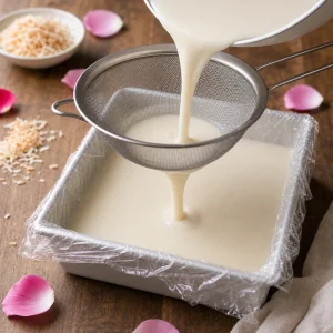 Miscela cremosa di latte filtrata nella teglia rivestita