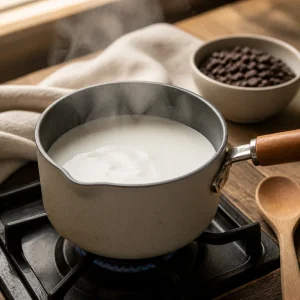 Miscela per gelatina al latte che sobbolle nel pentolino