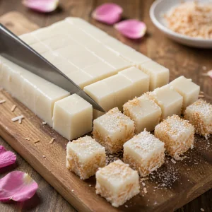 Lastra di gelatina al latte tagliata in quadrati al cocco