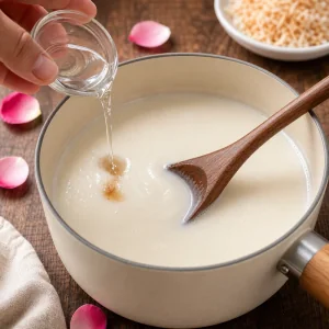 Acqua di rose versata nella miscela cremosa di latte