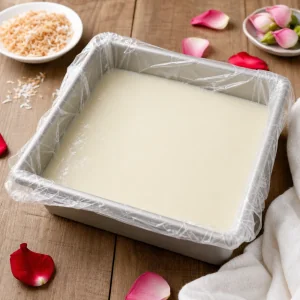 Gelatina al latte liscia che si rassoda nella teglia rivestita