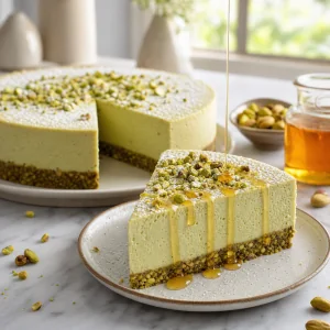 Part de cheesecake à la pistache finie avec miel et pistaches hachées