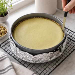Couteau passé autour du cheesecake à la pistache cuit