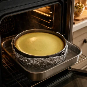 Cheesecake à la pistache cuit au bain-marie dans un moule enveloppé