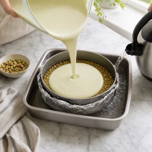 Garniture pistache versée sur la croûte refroidie au bain-marie
