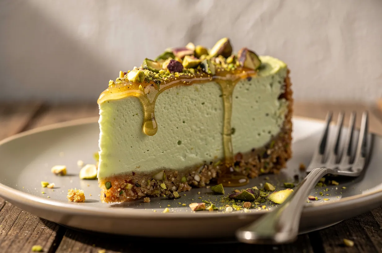 Silky Pistachio Cheesecake with Honey Pistachio Crust