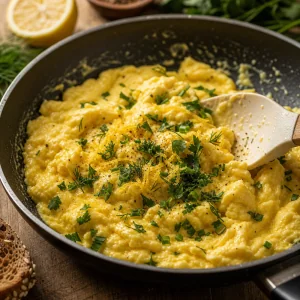 Chopped herbs and lemon zest folded into soft scrambled eggs