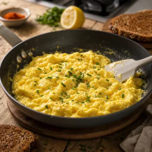Creamy scrambled eggs resting off the heat in a skillet