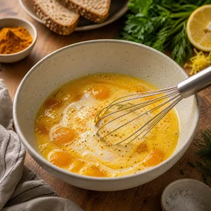 Eggs whisked with cream and turmeric in a ceramic bowl