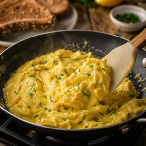 Glossy soft egg curds folded gently with a spatula