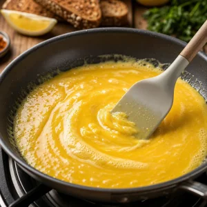 Golden egg mixture stirred in a buttered skillet with a spatula