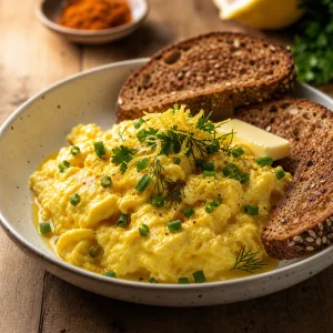 Soft scrambled eggs topped with herbs and lemon zest beside toast