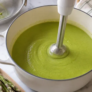 Asparagus soup pureed smooth with an immersion blender
