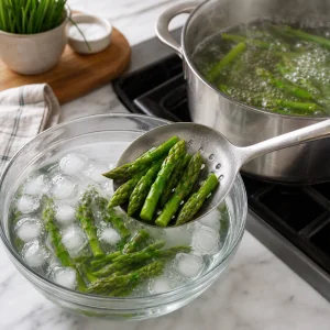 Asparagus tips blanched and chilled in ice water
