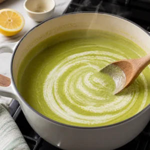 Cream and lemon juice stirred into silky asparagus soup
