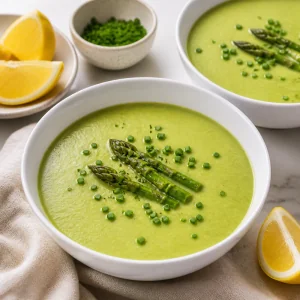 Finished asparagus soup garnished with tips and chives