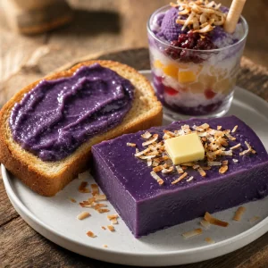 Ube halaya frio servido con tostada y coco tostado