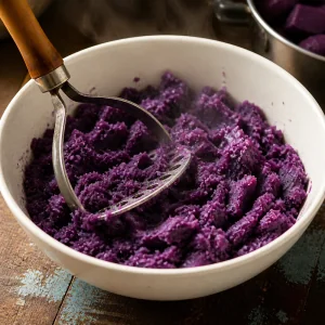 Ube morado cocido machacado en un bol blanco