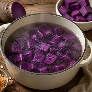 Cubos de ube morado hirviendo suavemente en una olla con agua