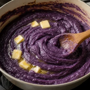 Ube halaya brillante espesandose con mantequilla en una sarten