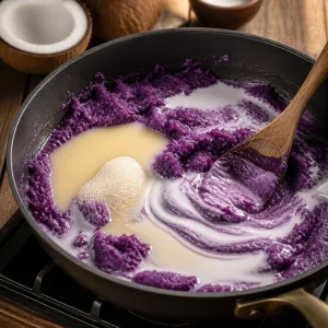 Ube machacado mezclado con leche de coco en una sarten