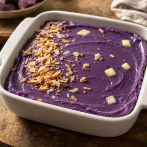 Ube halaya alisado en una fuente blanca con coco tostado