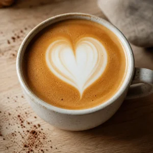 Finished latte with a white heart design on glossy espresso crema