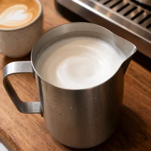 Glossy steamed milk swirling in a stainless pitcher