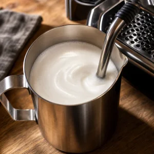 Milk steaming into glossy microfoam in a stainless pitcher
