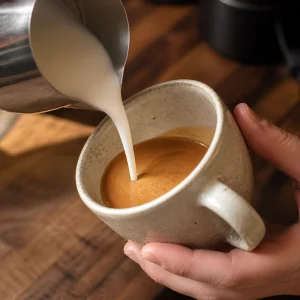 Steamed milk pouring into a tilted espresso mug