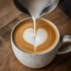 Thin milk stream drawing a heart point through latte foam