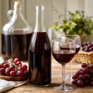 Finished small batch homemade red wine in bottles and glasses with fresh grapes