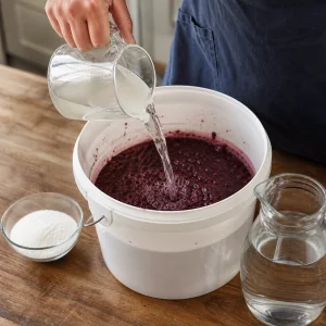Warm sugar water poured into crushed grape mash with cooled water nearby