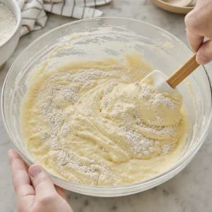 Incorporando ingredientes secos na massa de creme azedo com espatula
