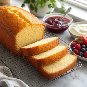 Bolo de creme azedo fatiado na grade com geleia, creme e frutas vermelhas