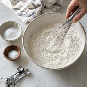 Misturando farinha, fermento e sal para bolo de creme azedo