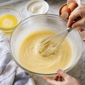 Batendo creme azedo, ovos, acucar, manteiga e baunilha ate ficar liso