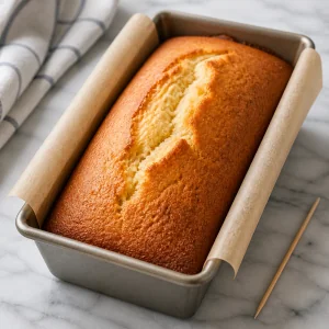 Golden pound cake baked in a parchment-lined loaf pan