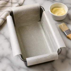 Greased parchment-lined loaf pan ready for cake batter