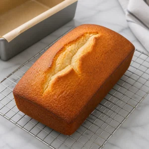 Unglazed vanilla pound cake cooling on a wire rack