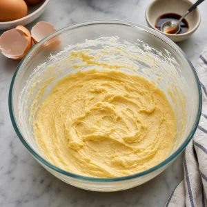 Yellow cake batter mixed with eggs and vanilla