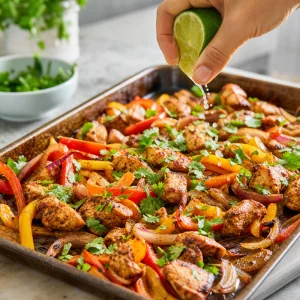 Lime squeezed over roasted chicken fajitas with fresh cilantro