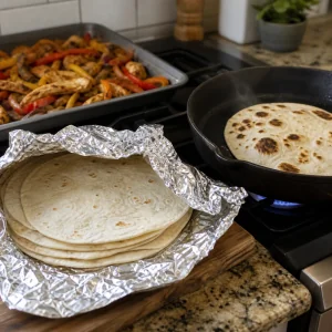 Warm tortillas wrapped in foil with one tortilla lightly charred in a dry skillet