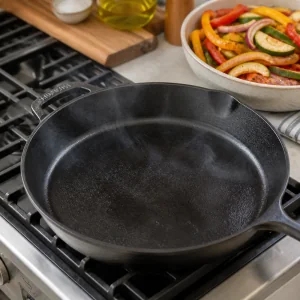 Empty cast-iron skillet heating until smoking hot for vegetable fajitas