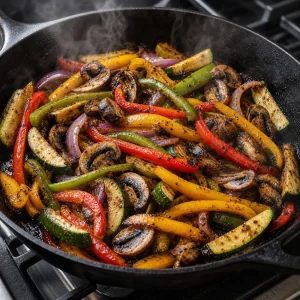 Marinated fajita vegetables sizzling in a hot cast-iron skillet with smoky char