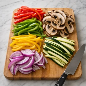 Sliced bell peppers, red onion, mushrooms, and zucchini prepared for vegetable fajitas
